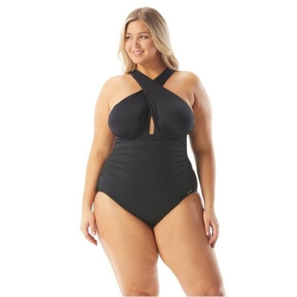 MICHAEL Michael Kors Shirred Cross Front One Piece Swimsuit - Iconic Solids - Picture 1 of 10